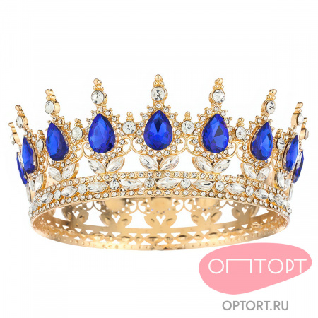 Корона на торт, золото (15 см, Синие камни)